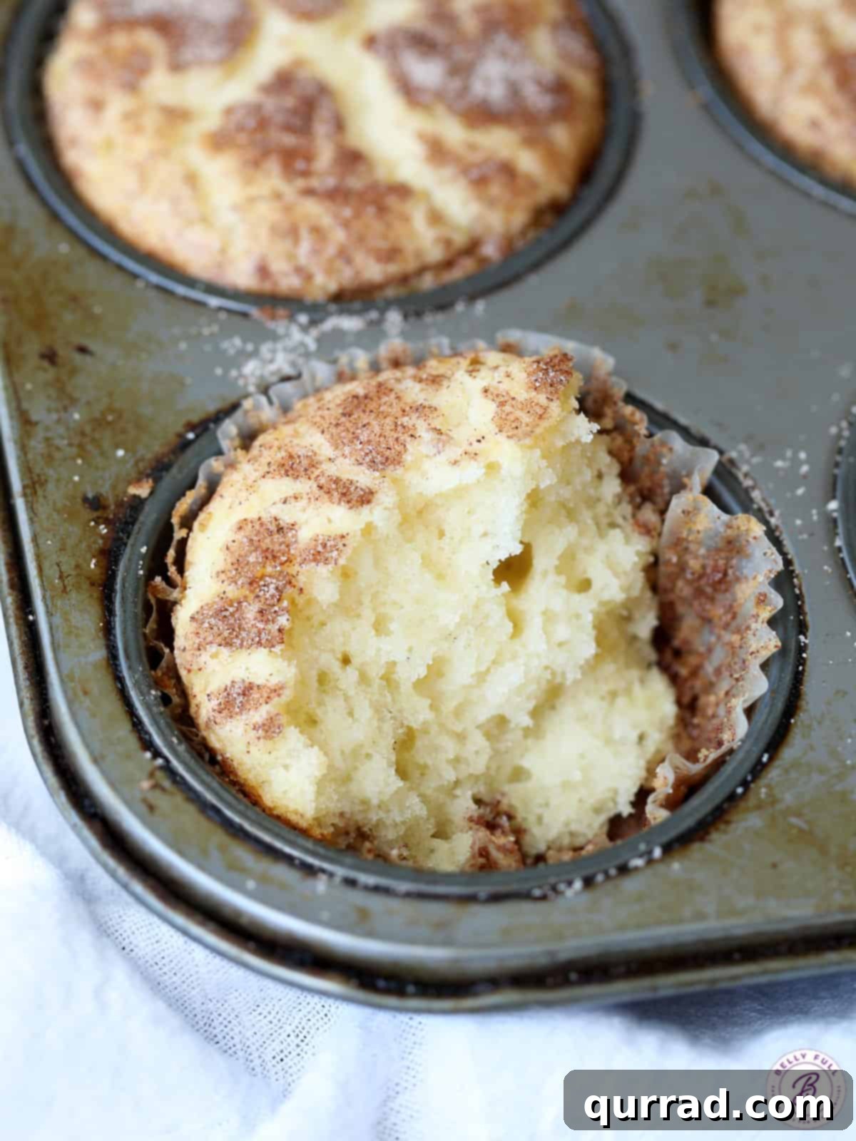A baked Snickerdoodle Muffin with a bite taken out, revealing its soft, moist interior and delicious cinnamon-sugar crust.