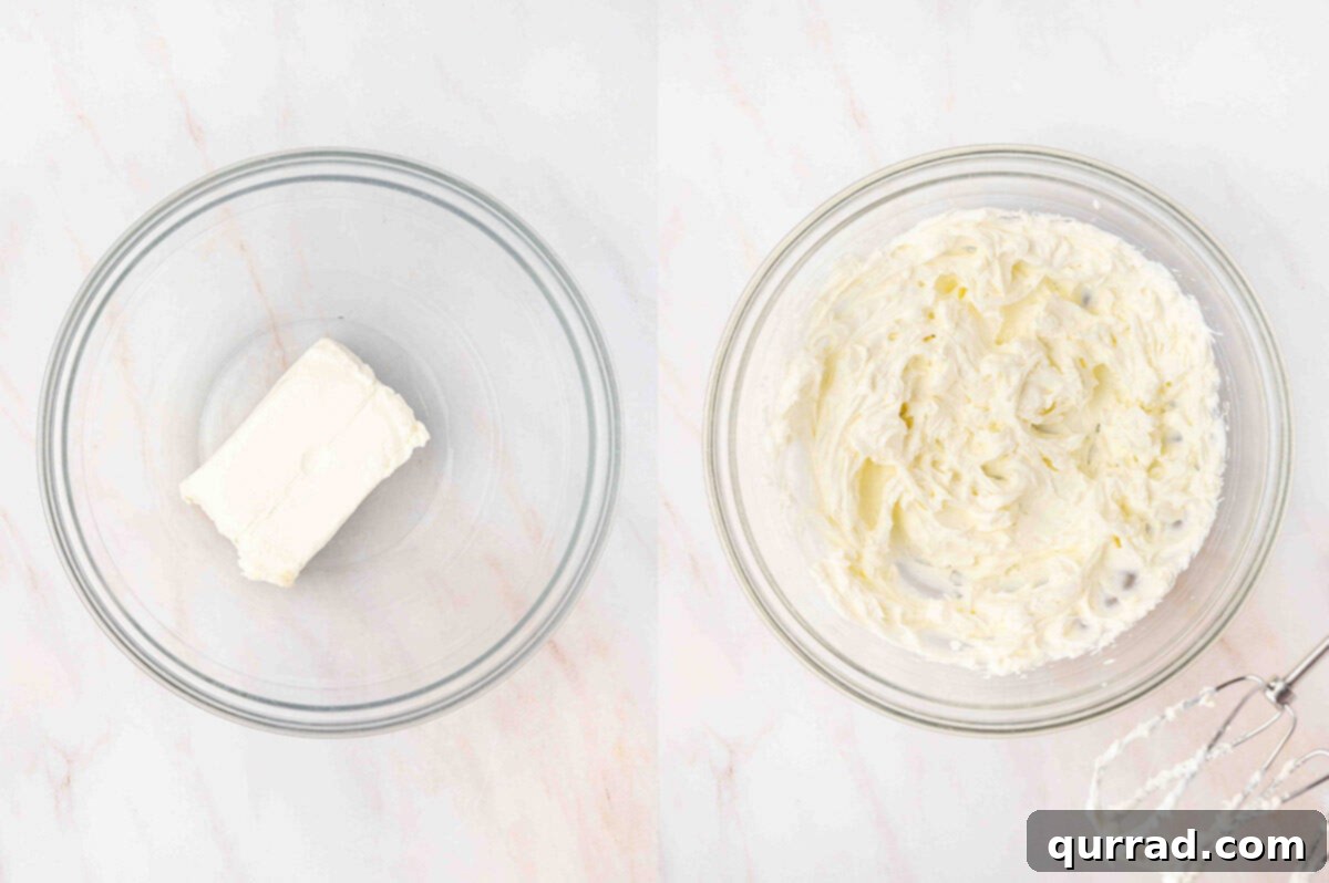 Zesty Lemonade Fruit Dip 3 A block of cream cheese in a bowl and a bowl of blended cream cheese, illustrating the first step of the recipe.