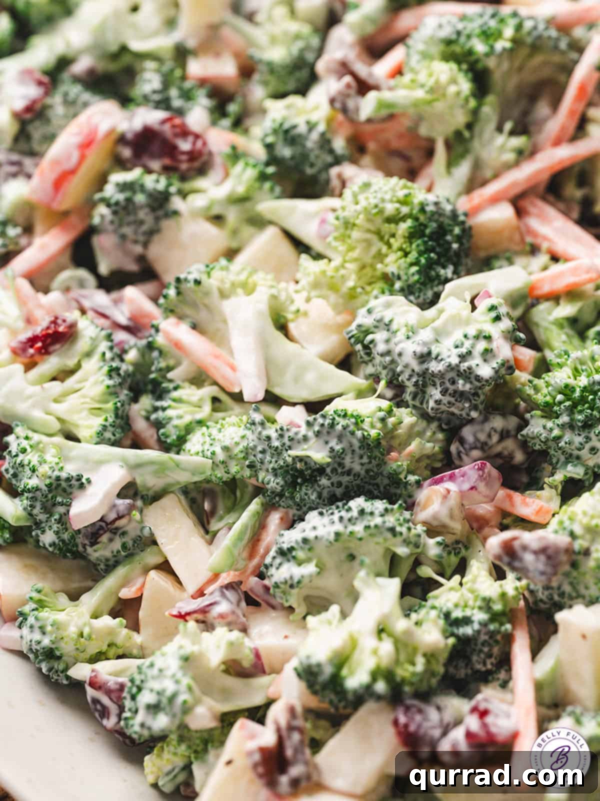 Close up of a vibrant and refreshing Broccoli Apple Salad, showcasing crisp broccoli florets, sweet apple chunks, and dried cranberries coated in a creamy dressing