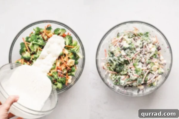 Pouring the dressing over the mixed vegetables and apples
