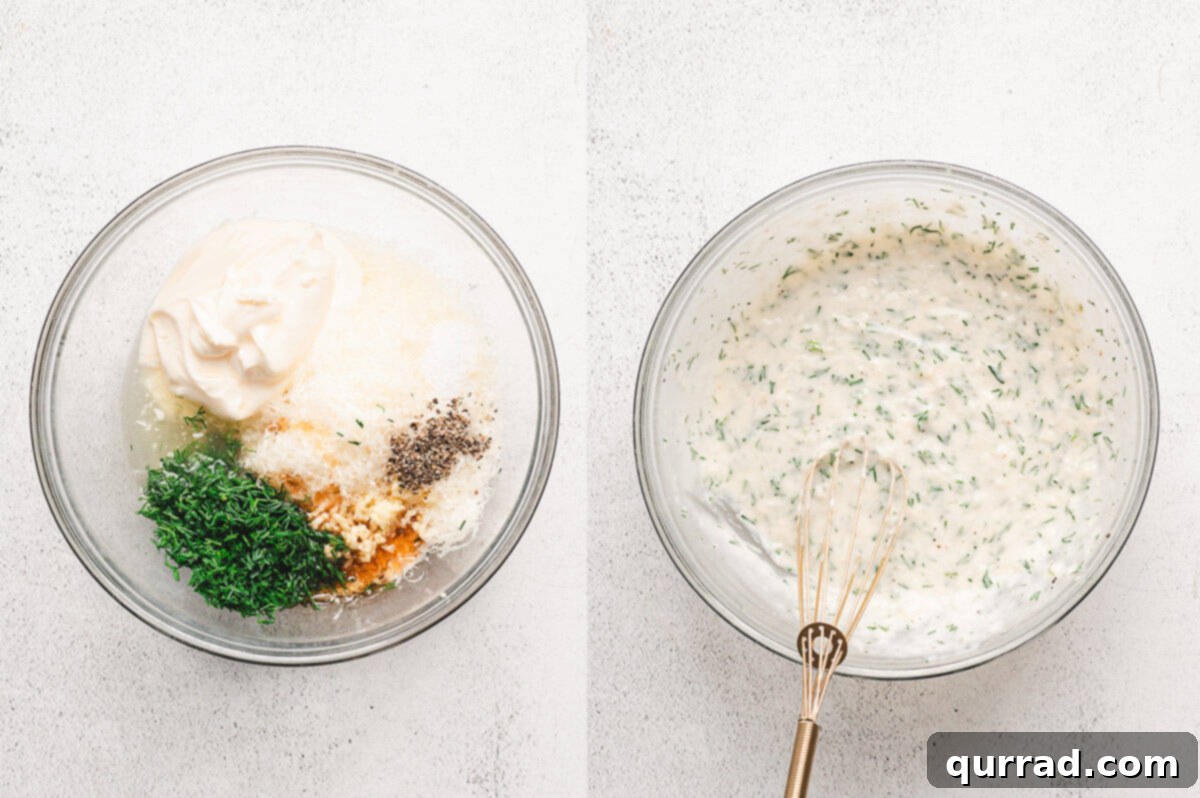 A hand whisking together creamy parmesan dressing ingredients in a glass bowl, featuring mayonnaise, oil, lemon juice, maple syrup, Parmesan, garlic, dill, salt, and pepper.