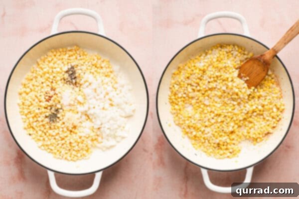 Fresh corn cooking in butter with diced onions and garlic in a pan.