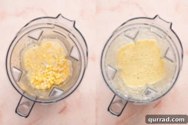 Corn mixture being pureed in a blender with lemon juice and pasta water.