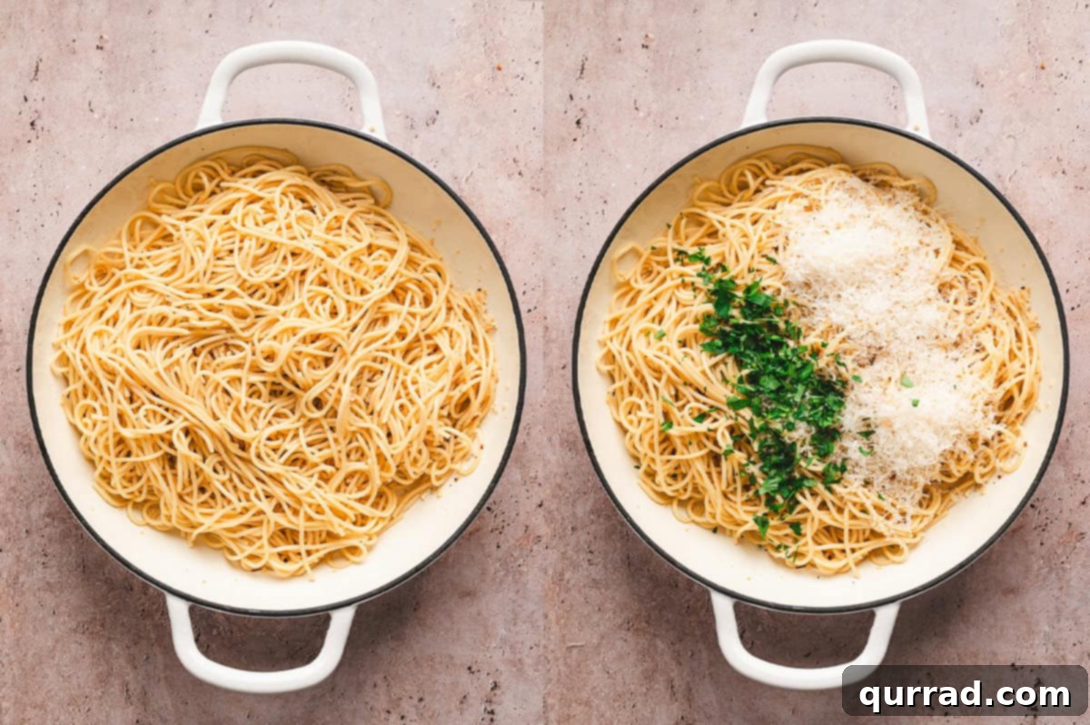 Garlic and Olive Oil Spaghetti 5 Two images: a pan of spaghetti coated in oil and garlic, and the same pan with fresh parsley and grated Parmesan added