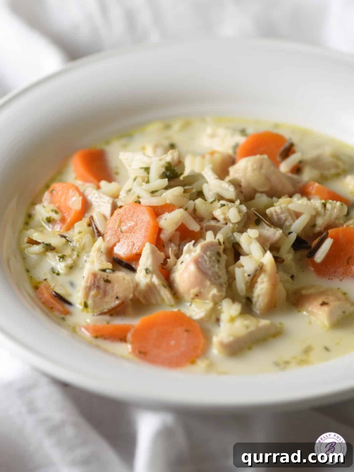 Homestyle Chicken Wild Rice Comfort 3 chicken and rice soup in white bowl