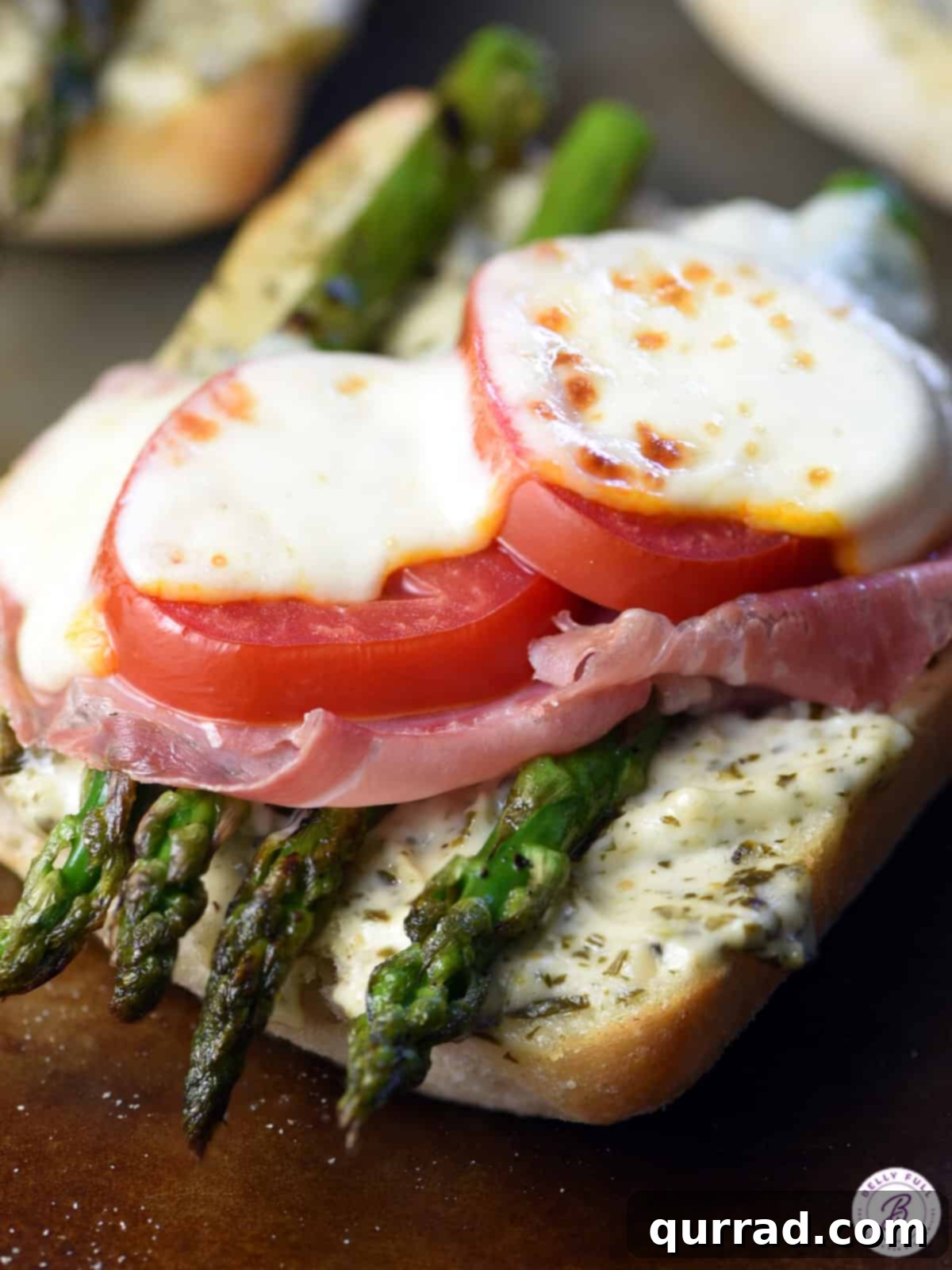 Gooey Asparagus Tomato Cheese Melt 4 close up asparagus tomato cheese melt