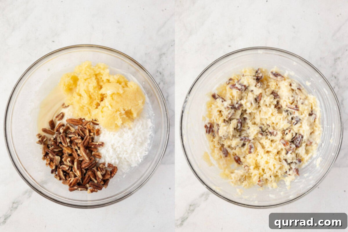 Side-by-side images showing sweetened condensed milk, crushed pineapple, shredded coconut, and chopped pecans in a glass bowl on the left, and the mixed filling on the right.