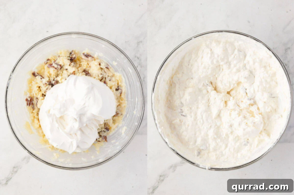 Side-by-side images showing Cool Whip added to the pineapple mixture on the left, and the fully folded, fluffy filling on the right in a glass bowl.