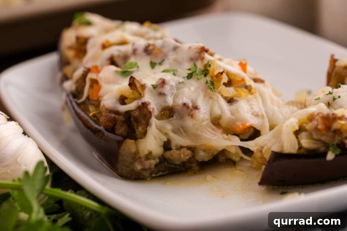 Savory Stuffed Eggplant 13 Close-up of cheesy stuffed eggplant topped with melted mozzarella and fresh parsley on a white plate, showing a hearty filling of ground meat and vegetables.
