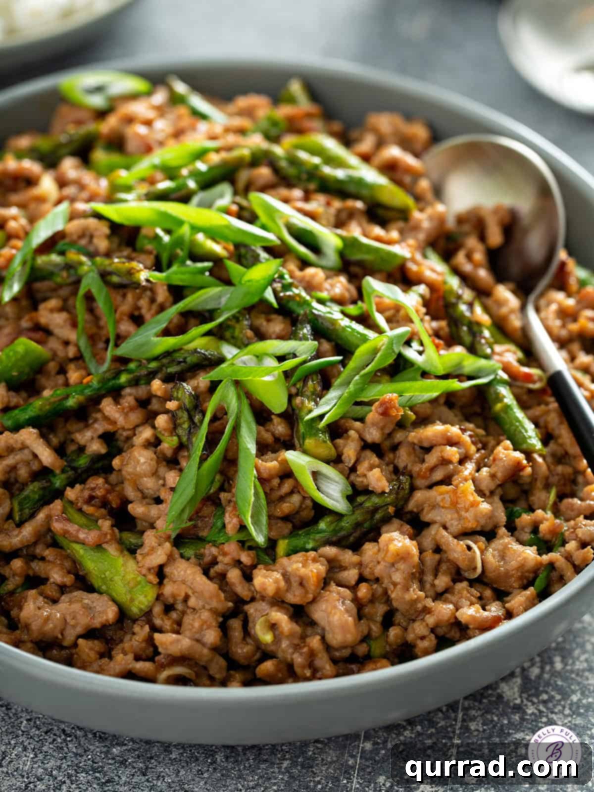 Saucy ground pork stir fry with scallions in a bowl, ready to be served over rice.