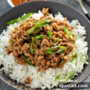 Saucy ground pork stir fry on top of white rice in a bowl.