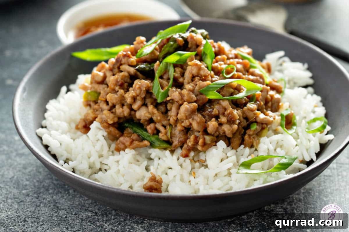 Saucy ground pork stir fry served elegantly on a bed of white rice in a ceramic bowl.