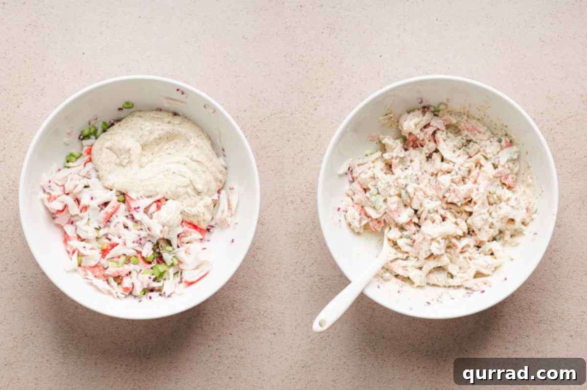 Signature Crab Salad 7 Imitation flaked crab meat, diced celery, and red onion being gently mixed with the creamy dressing in a bowl.