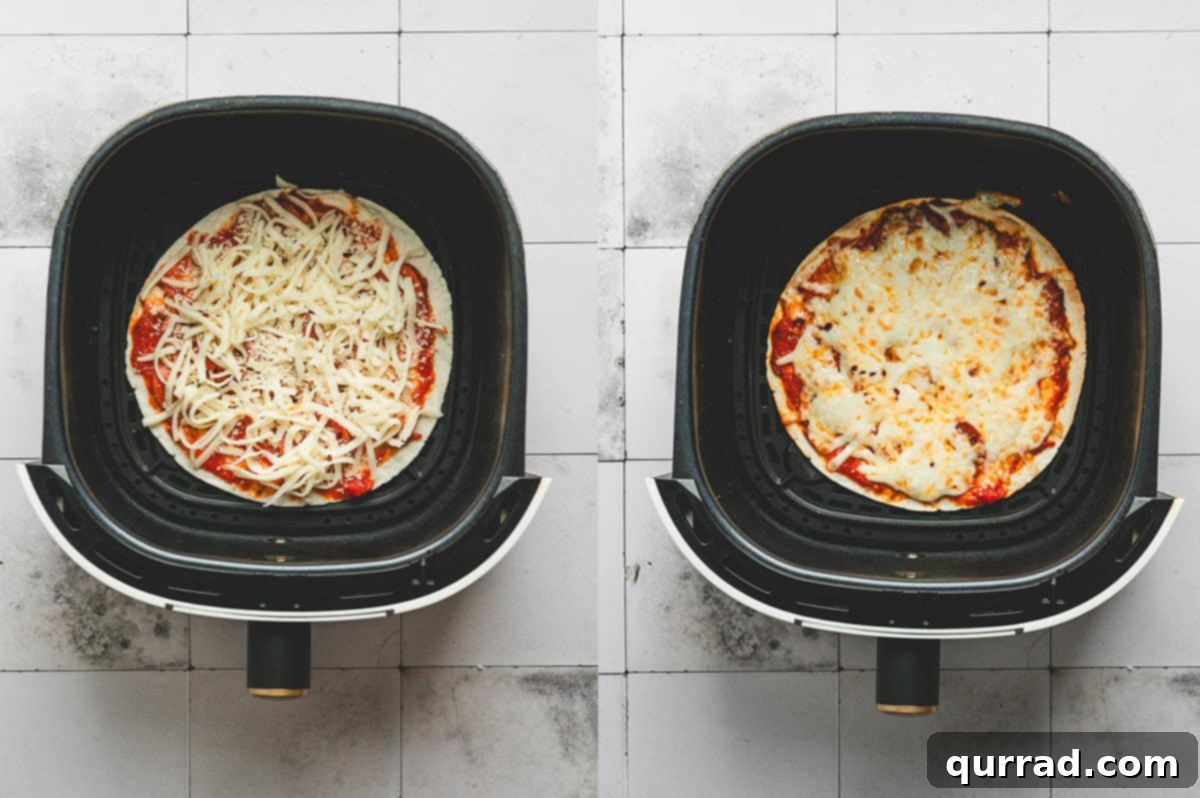 Pizza Garden Wrap 7 Side-by-side shots of tortilla in the air fryer: one with uncooked cheese, one golden and melted after cooking.
