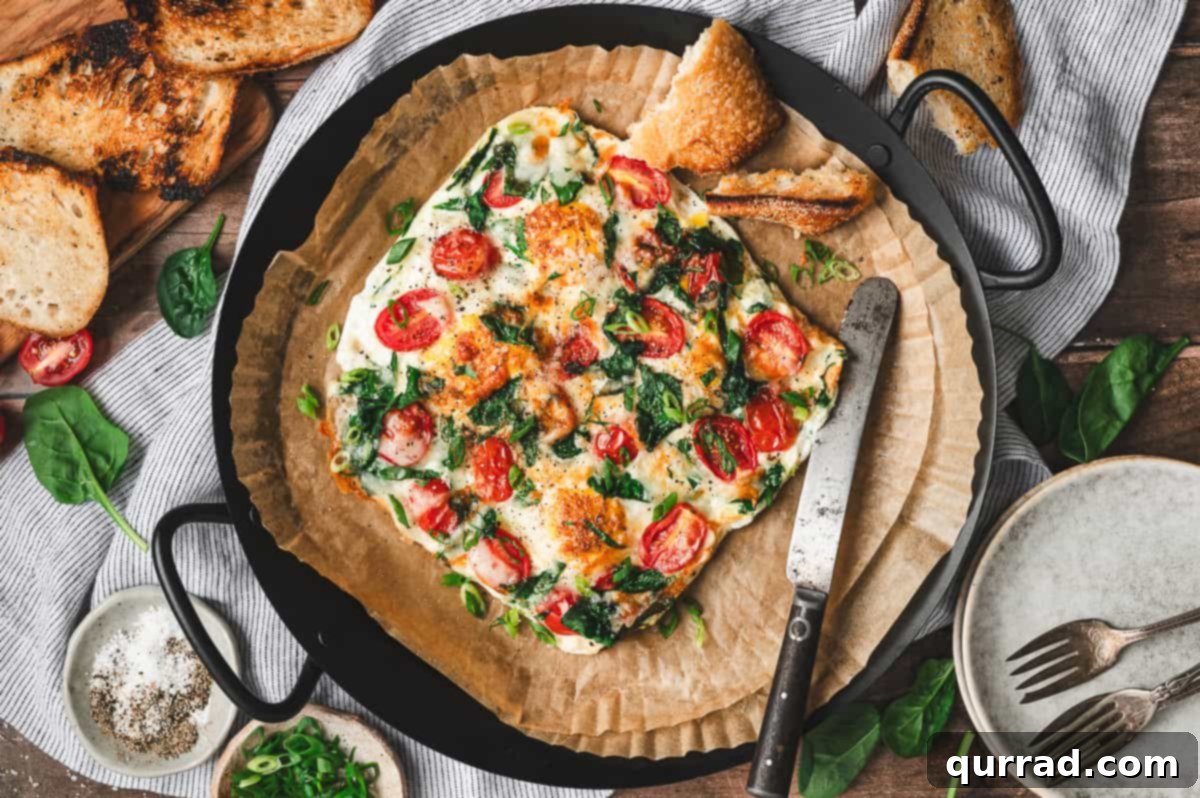 Fluffy Air Fryer Egg Frittata 7 A finished air fryer frittata sitting on parchment paper, ready to be sliced and served alongside a piece of golden toasted bread.