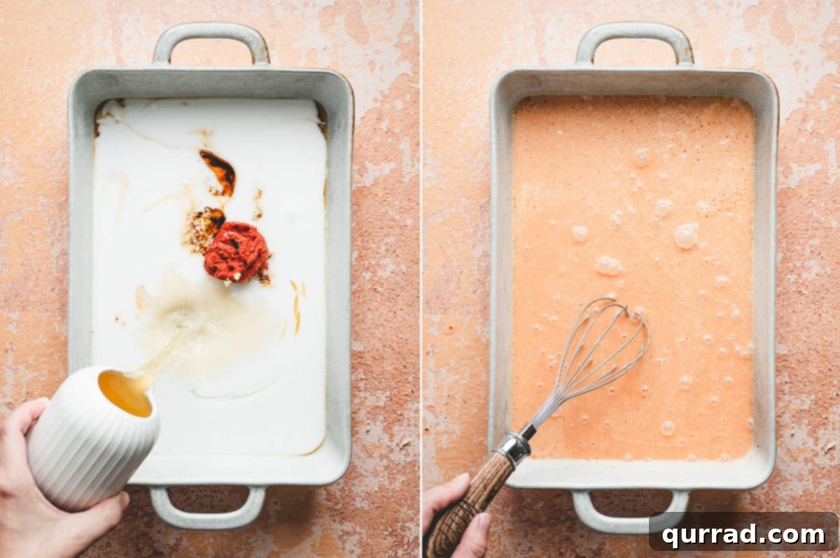 Thai Dumpling Oven Feast 4 Side-by-side process photos showing a casserole dish with light coconut milk, rich red curry paste, soy sauce, fragrant minced ginger, and minced garlic on the left, and the ingredients smoothly whisked into a creamy, aromatic curry sauce ready for the next step on the right.