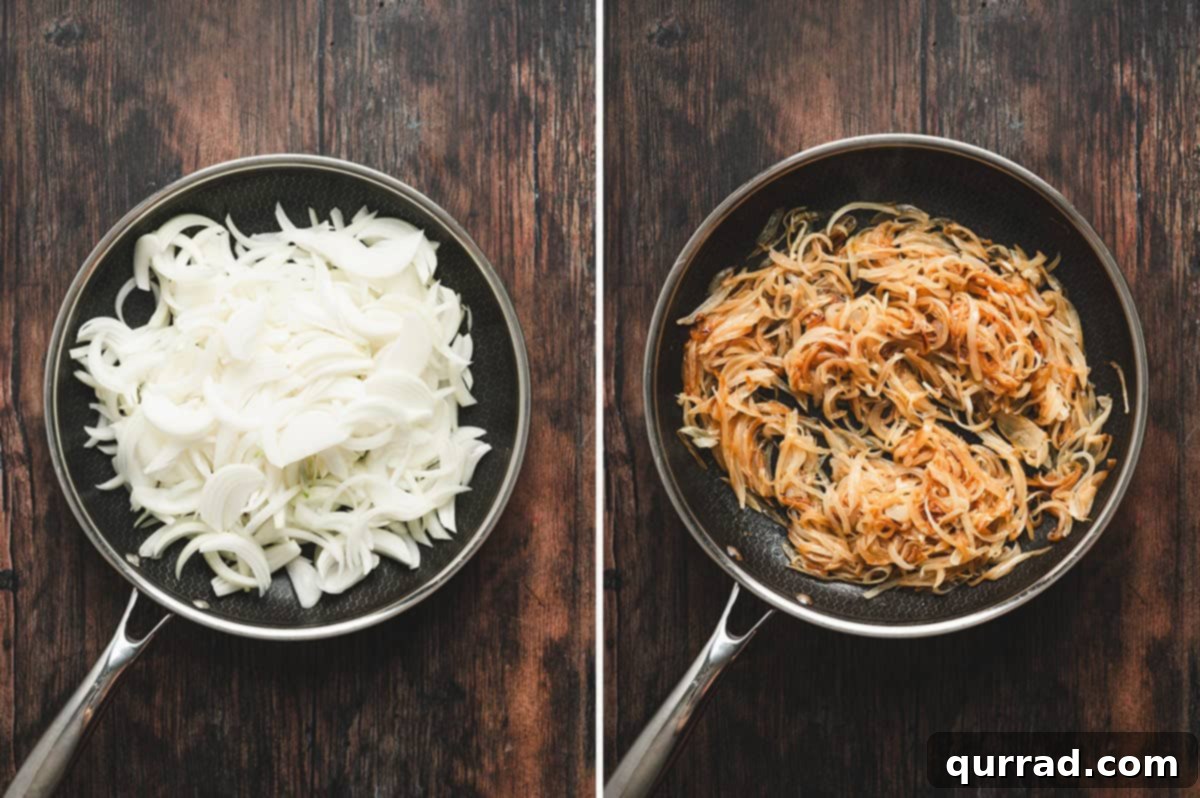 Golden Caramelized Onion Pasta 4 Side-by-side images of sliced raw onions in a skillet on the left, and deeply golden caramelized onions in the same skillet on the right.