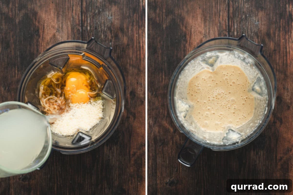 Golden Caramelized Onion Pasta 6 Side-by-side images showing caramelized onions, egg yolks, Parmesan, and pasta water in a blender on the left, and the blended smooth creamy onion sauce on the right.