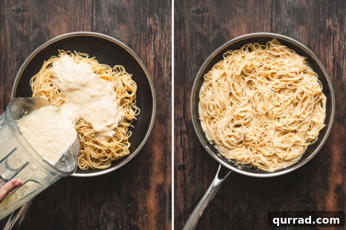 Golden Caramelized Onion Pasta 7 Side-by-side images of the blended onion sauce being poured over spaghetti in a skillet on the left, and the pasta tossed until coated in sauce on the right.