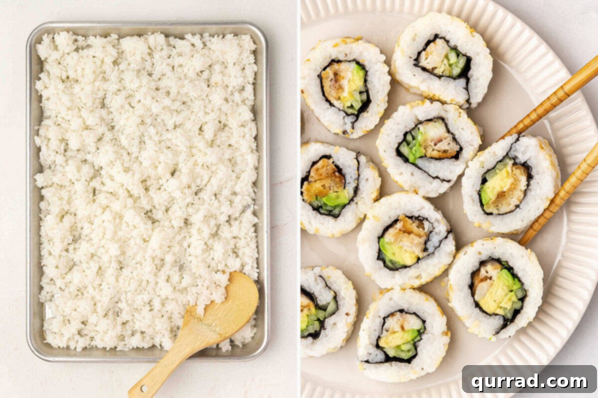 Secrets to Perfect Sushi Rice 8 Seasoned sushi rice spread evenly on a tray next to homemade sushi rolls filled with avocado and fried fish.