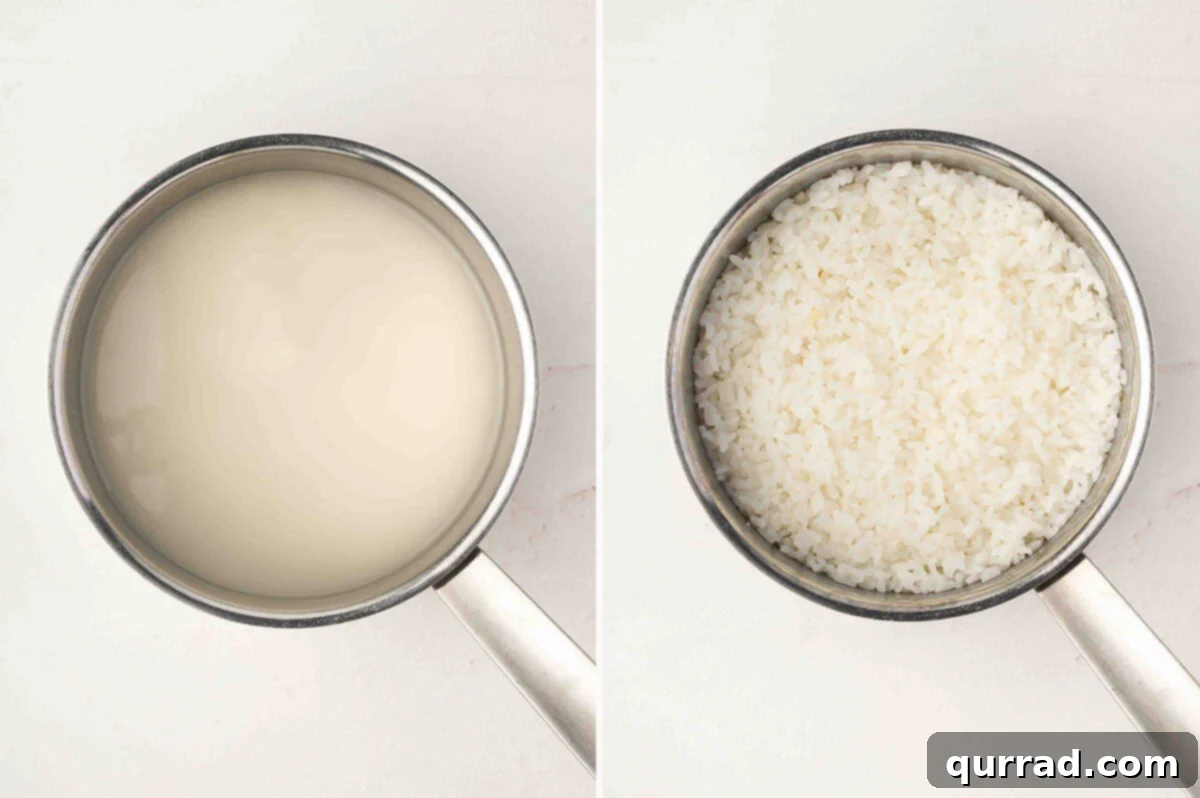 Secrets to Perfect Sushi Rice 5 Side-by-side image showing uncooked sushi rice simmering in water and fully cooked sushi rice in a stainless steel pot.
