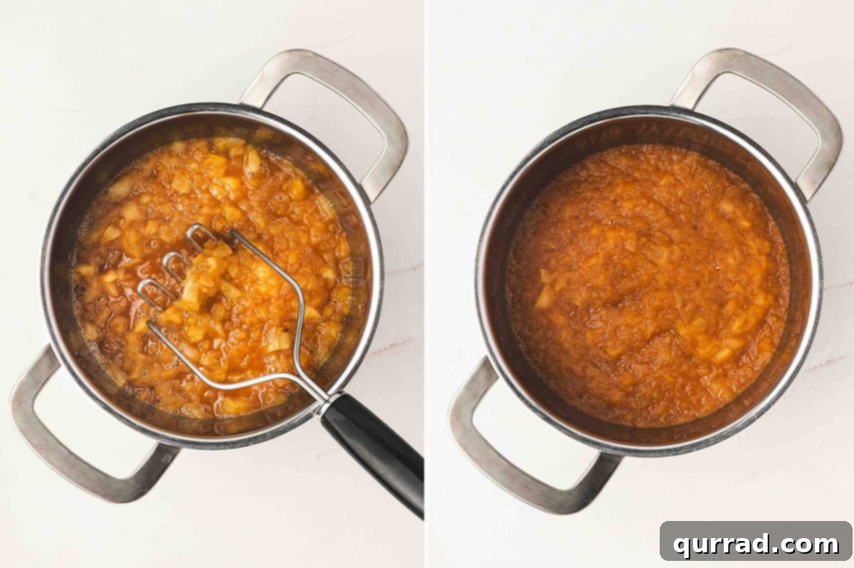 Two photos side by side – on the left, apples being mashed with a potato masher; on the right, the mixture thickened into a chunky purée.