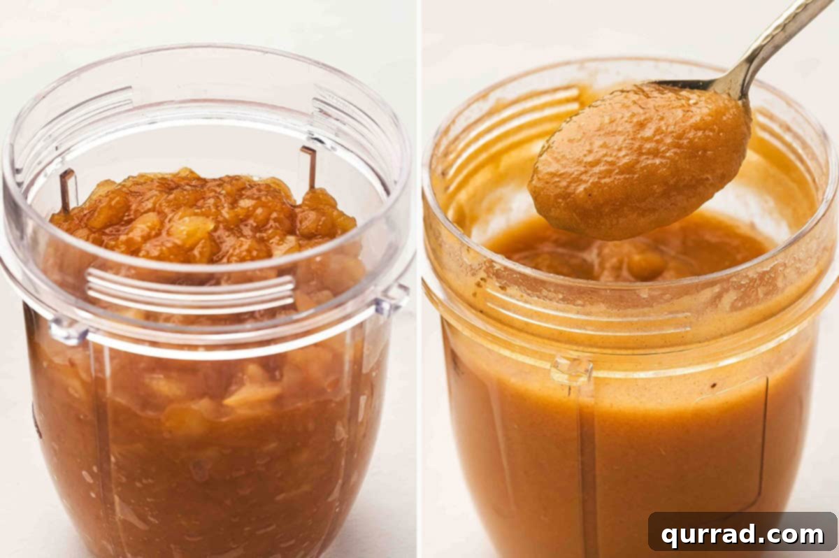 Two photos side by side – on the left, cooked apple mixture in a blender cup; on the right, blended smooth apple purée on a spoon.
