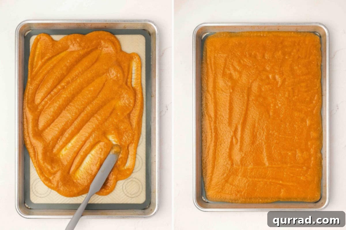 Two photos side by side – on the left, apple purée being spread with a spatula on a silicone-lined baking sheet; on the right, purée smoothed into an even layer.