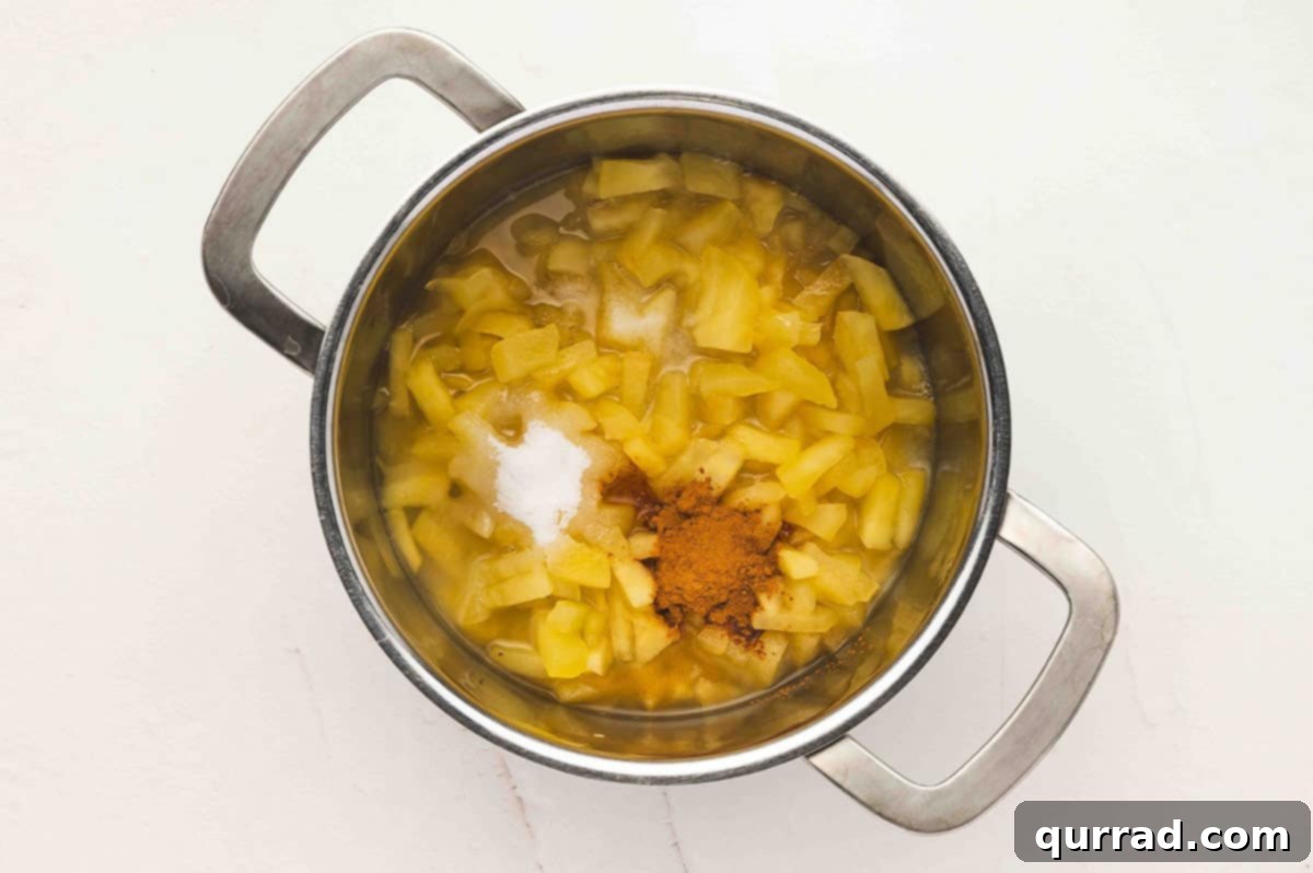 Cooked apples in a saucepan with added sugar and cinnamon on top before stirring.