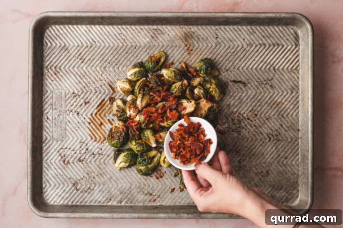 Balsamic Glazed Brussels Sprouts with Crispy Bacon 8 Adding crumbled bacon to roasted Brussels sprouts.