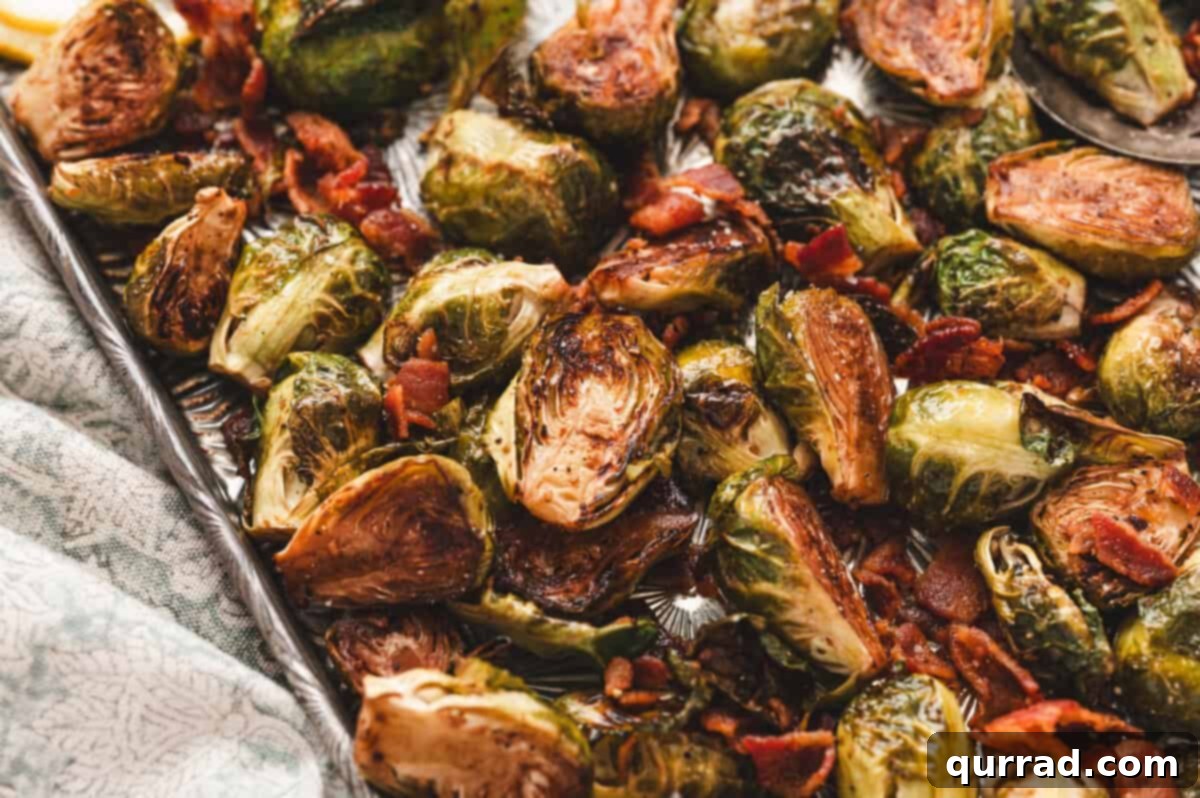 Balsamic Glazed Brussels Sprouts with Crispy Bacon 9 Close-up of Balsamic Bacon Brussels Sprouts on a platter.