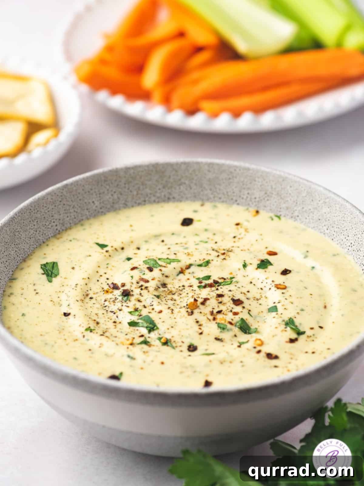bean dip in bowl garnished with parsley and red pepper flakes, ready to serve