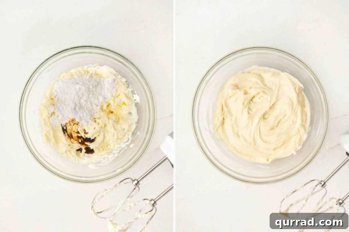Creamy Pumpkin Harvest Cookies 10 Side by side photos of cream cheese, butter, powdered sugar, and vanilla in a bowl, then whipped into a smooth, creamy frosting.