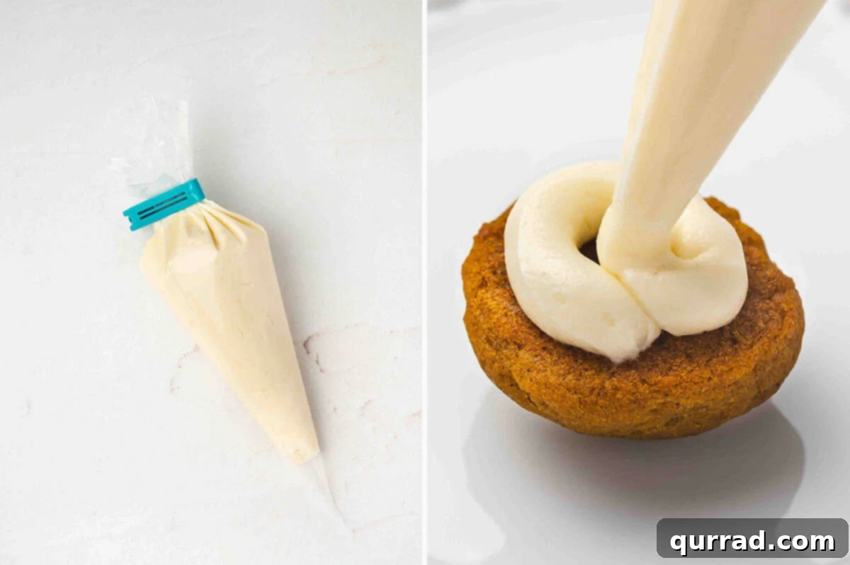 Creamy Pumpkin Harvest Cookies 11 Side by side photos of cream cheese frosting in a piping bag and frosting being piped onto the flat side of a pumpkin cake.