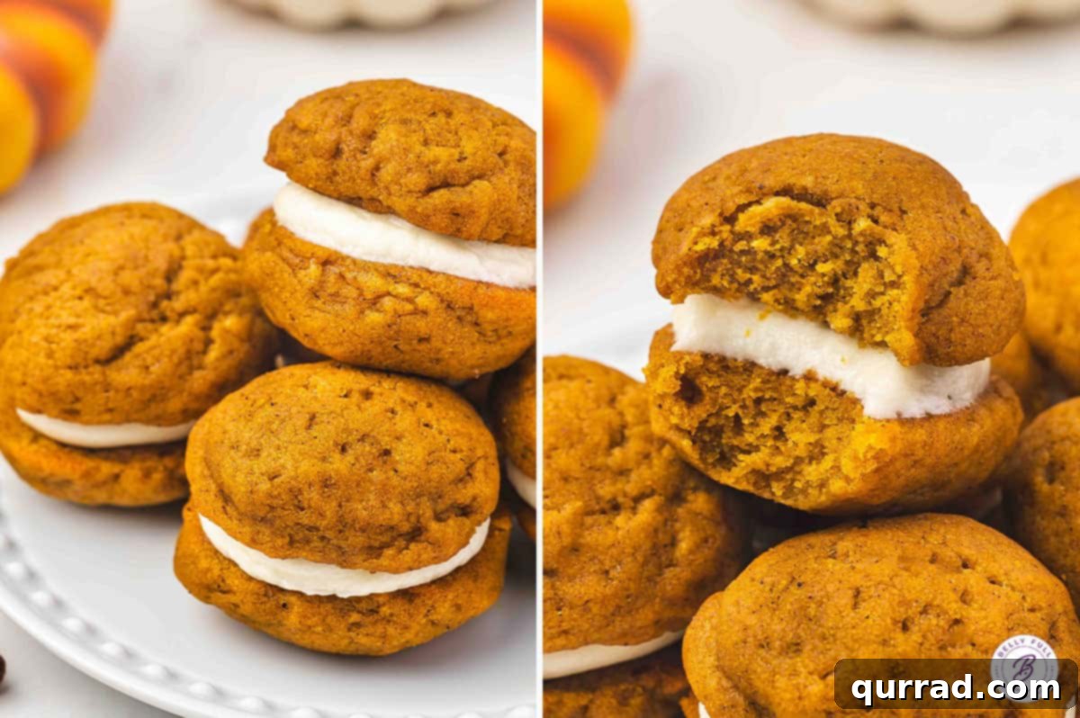 Creamy Pumpkin Harvest Cookies 13 Side by side photos of pumpkin whoopie pies filled with cream cheese frosting, one whole and stacked on a plate, and one with a bite taken to show the fluffy pumpkin cake and creamy filling inside.