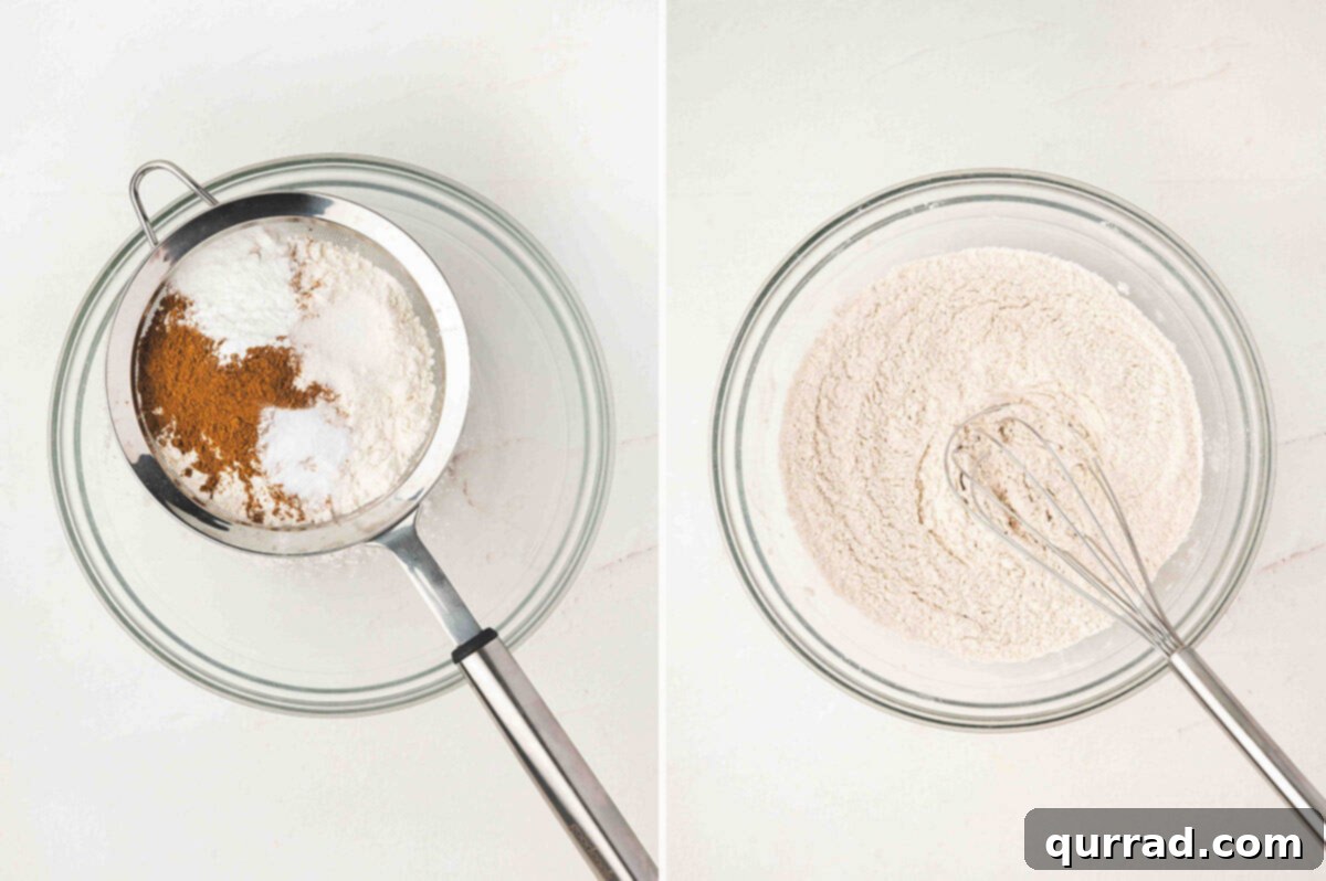 Creamy Pumpkin Harvest Cookies 5 Side by side photos of flour, baking powder, baking soda, salt, and pumpkin pie spice being sifted into a bowl, then whisked together until blended.
