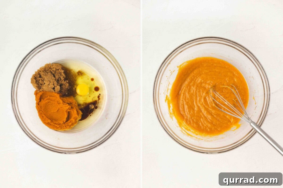 Creamy Pumpkin Harvest Cookies 6 Side by side photos of pumpkin puree, brown sugar, egg, oil, and vanilla in a bowl, then whisked into a smooth orange mixture.