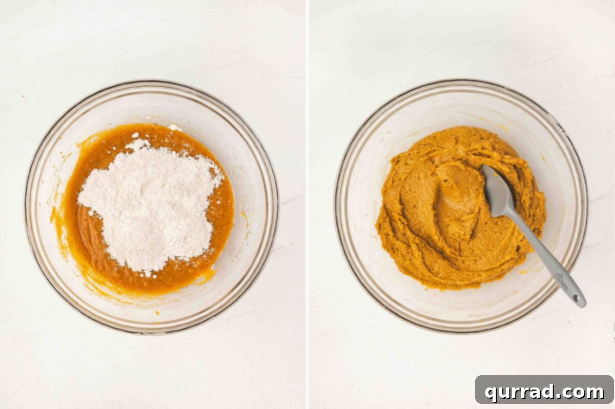 Creamy Pumpkin Harvest Cookies 7 Side by side photos showing the flour mixture added to the pumpkin mixture in a glass bowl, then stirred into a thick orange batter.