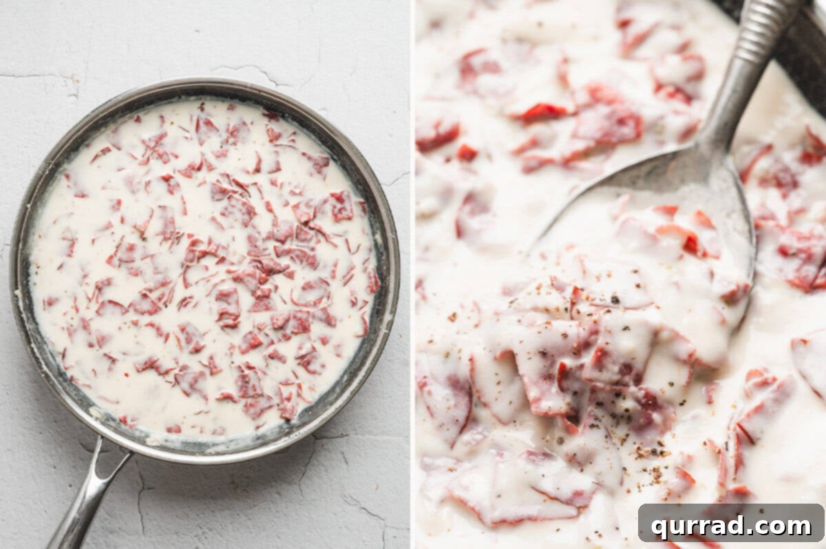 Savory Shredded Beef in Cream Sauce 7 Side-by-side images showing chipped beef simmering in a creamy white sauce in a skillet, and a close-up of the thickened sauce being stirred with a spoon.
