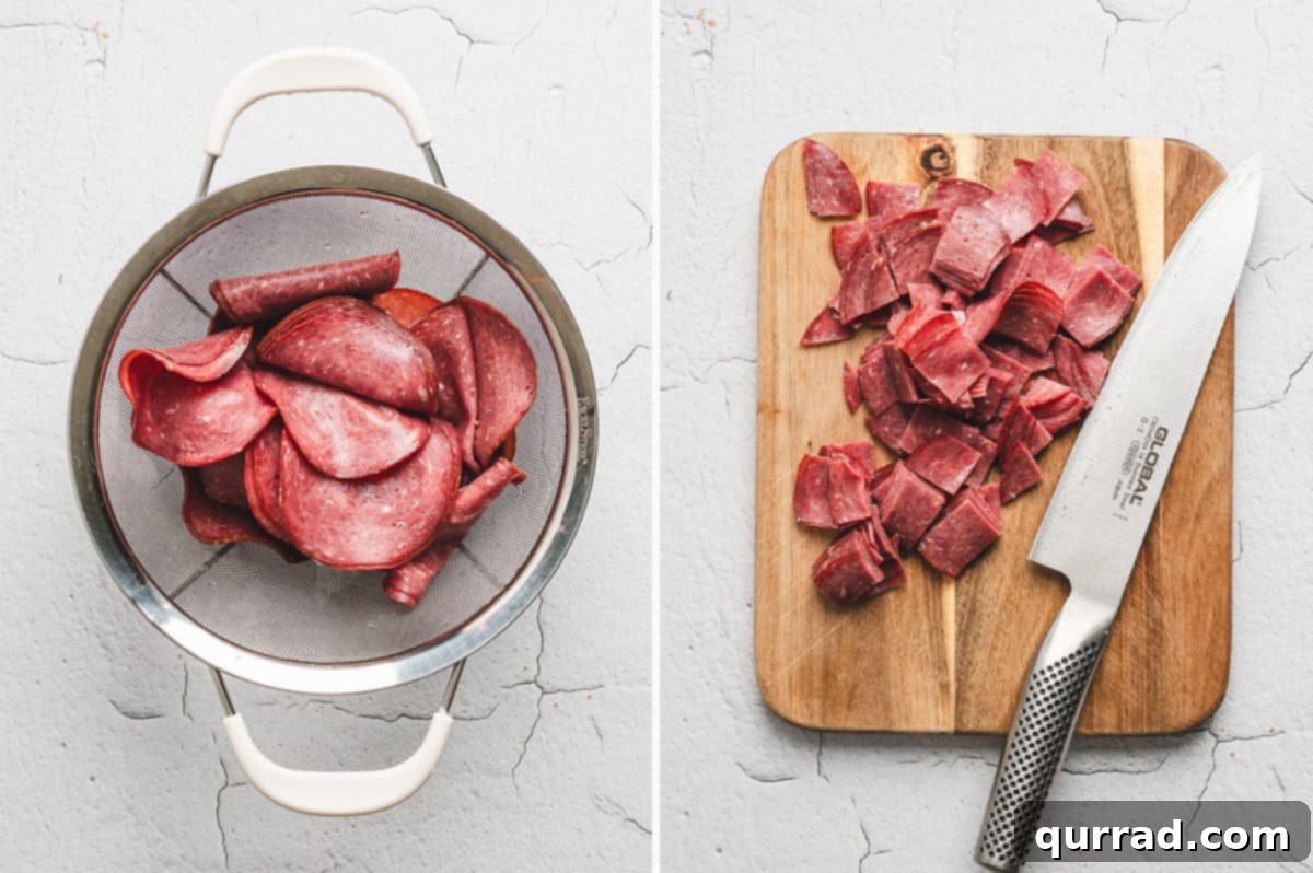 Savory Shredded Beef in Cream Sauce 4 Side-by-side photos showing rinsed slices of dried beef in a strainer, and the same beef cut into small squares on a wooden cutting board with a chef’s knife.
