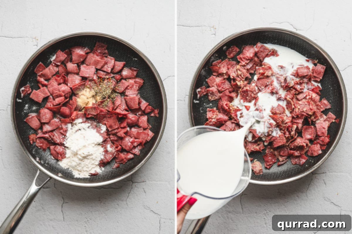 Savory Shredded Beef in Cream Sauce 6 Side-by-side photos of beef in a skillet with flour, garlic powder, oregano, and red pepper flakes sprinkled on top, and milk being poured into the pan while whisking.