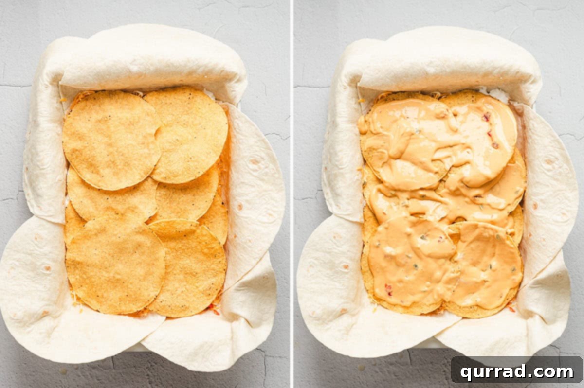 Side-by-side images: tostada shells layered over sour cream and tomatoes, then spread with creamy nacho cheese sauce.