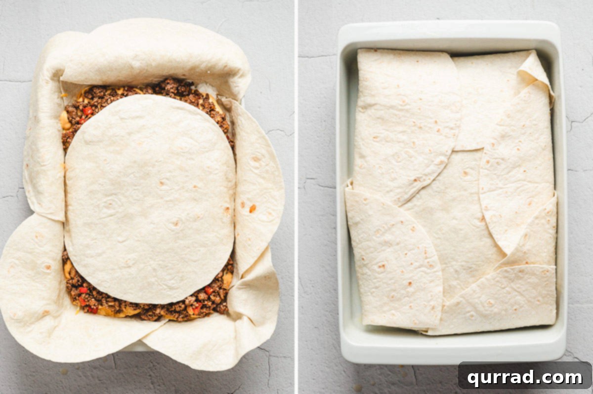 Side-by-side images: one large flour tortilla placed in the center of the beef layer, then folded tortillas covering the top of the casserole.