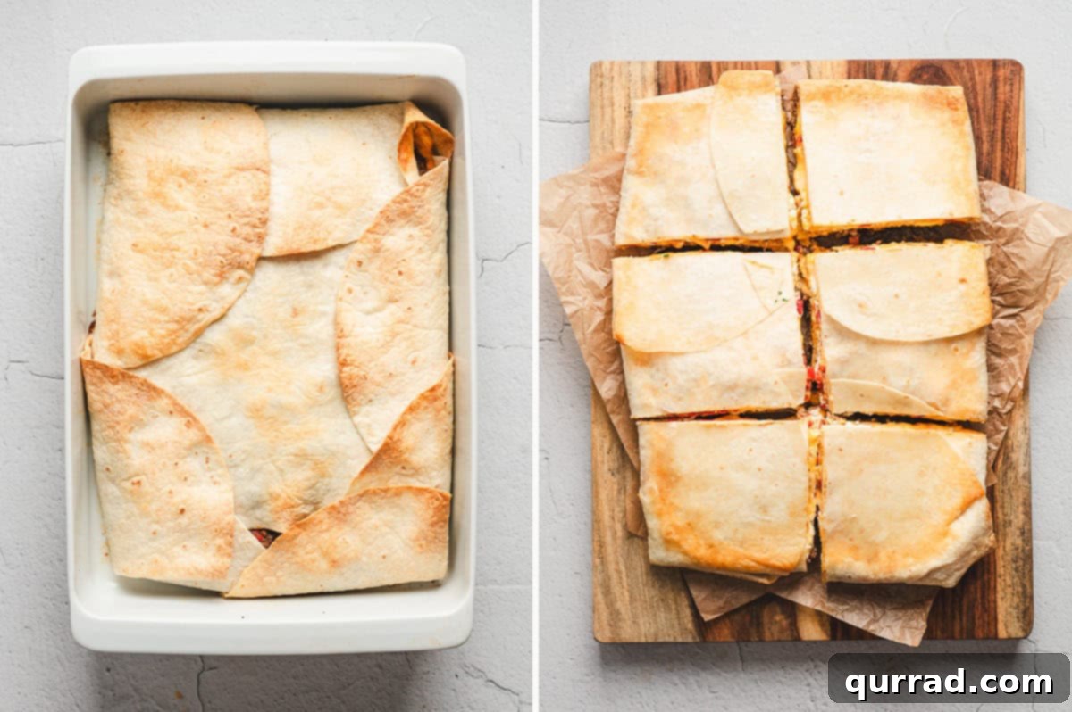 Side-by-side images: golden-brown baked casserole in dish, and casserole inverted, cut into large squares on a wooden board lined with parchment.