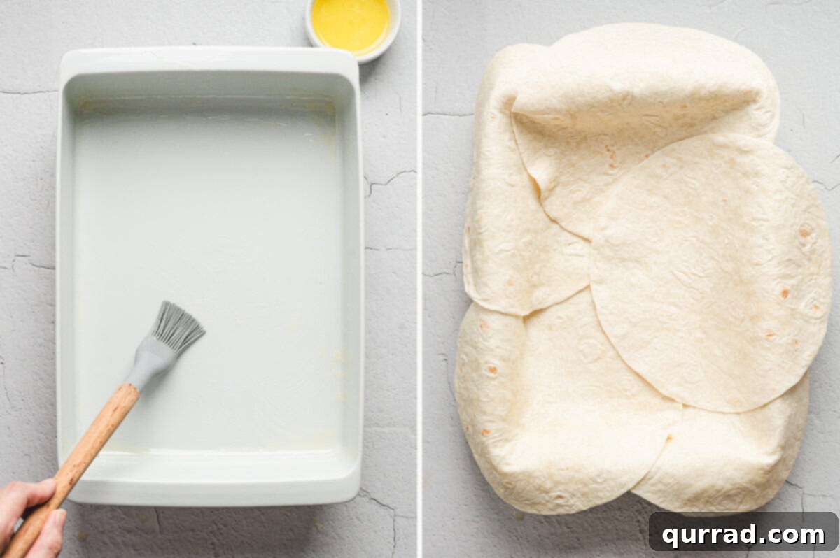 Side-by-side images: casserole dish being brushed with melted butter, and flour tortillas arranged to cover the bottom and sides.