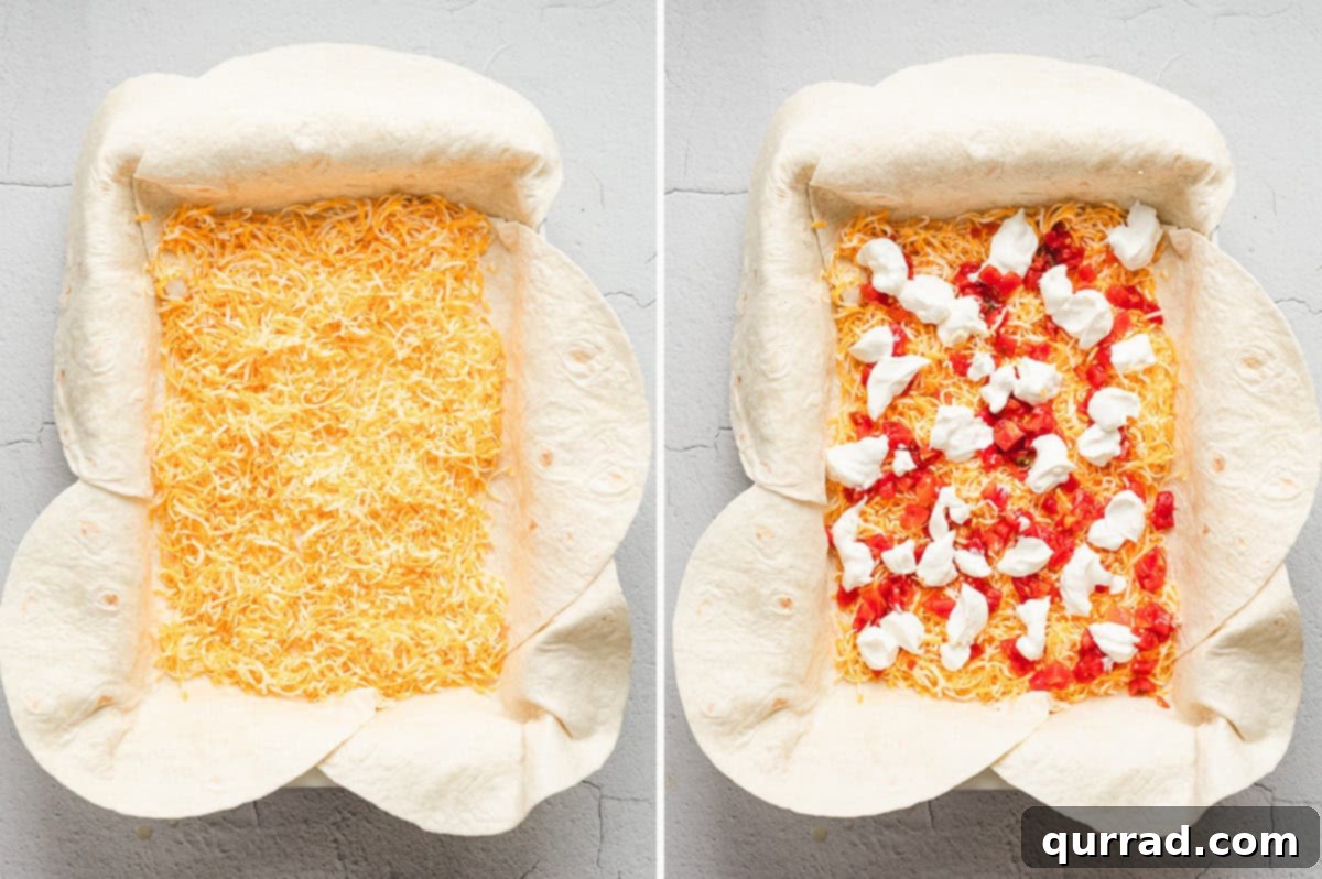 Side-by-side images: shredded Mexican blend cheese spread over tortillas, then topped with dollops of sour cream and drained ROTEL tomatoes.