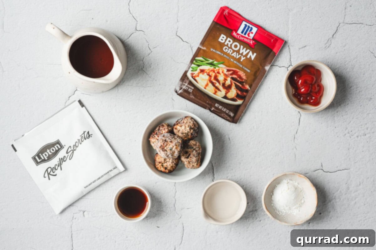 Savory Slow Cooker Salisbury Steak Meatballs 4 Crockpot salisbury steak meatballs ingredients laid out on a kitchen counter, ready for preparation.