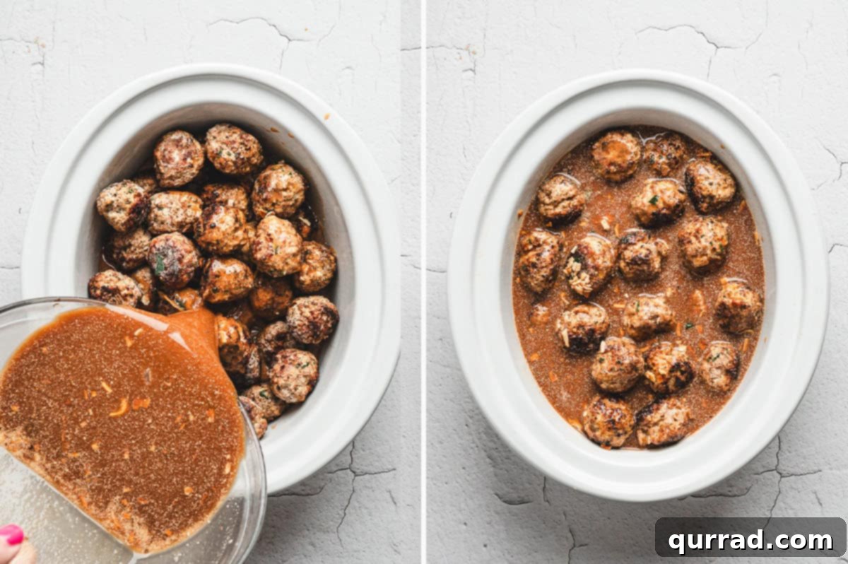 Savory Slow Cooker Salisbury Steak Meatballs 6 Split image showing Salisbury steak meatballs in a slow cooker. On the left, the prepared brown gravy mixture is being poured over the frozen meatballs. On the right, the meatballs are fully covered and submerged in the gravy inside the slow cooker, ready for cooking.