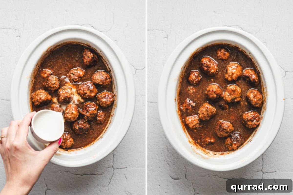 Savory Slow Cooker Salisbury Steak Meatballs 7 Slow cooker with Salisbury steak meatballs submerged in gravy. One side shows a cornstarch slurry being poured into the mixture, and the other side shows the thickened gravy fully stirred after the slurry has been incorporated.