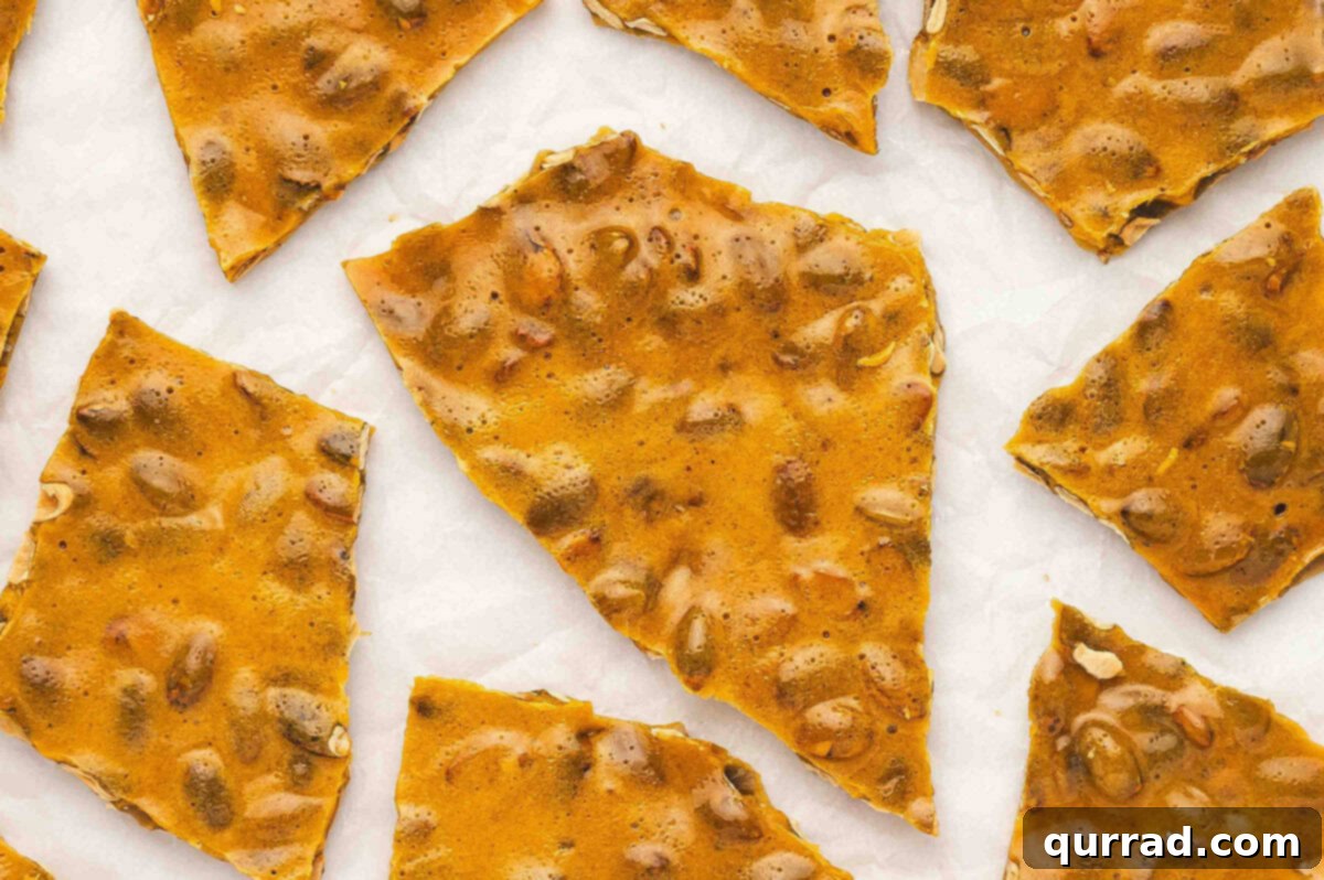 Cooled and hardened pumpkin seed toffee brittle broken into large golden shards on parchment paper.